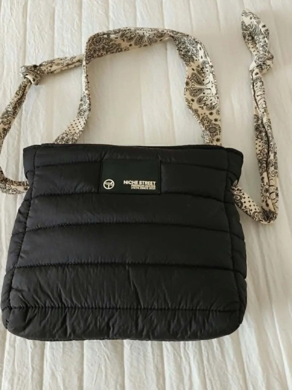 Niche Street Quilted Puffer Crossbody Bag Black Paisley Print